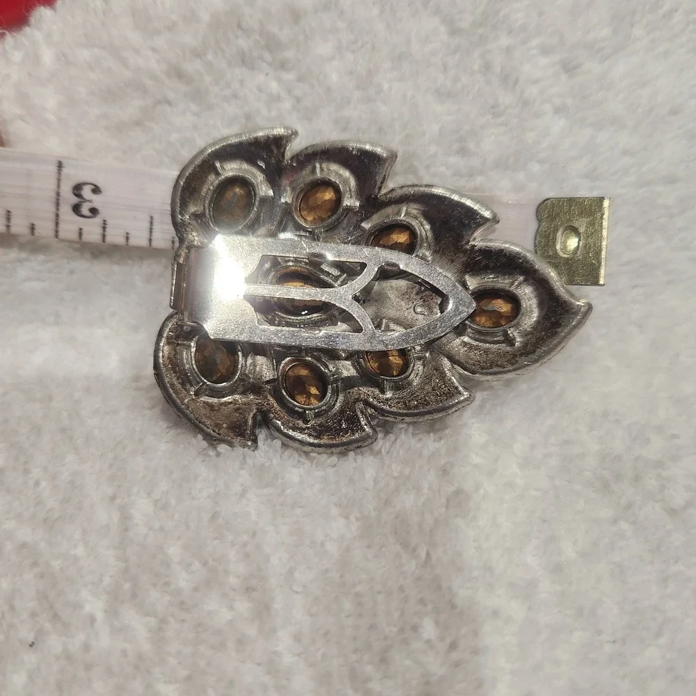 Vtg Silver‎ Tone Teal Blue Rhinestone Peacock Feather Dress Fur Clip pot metal